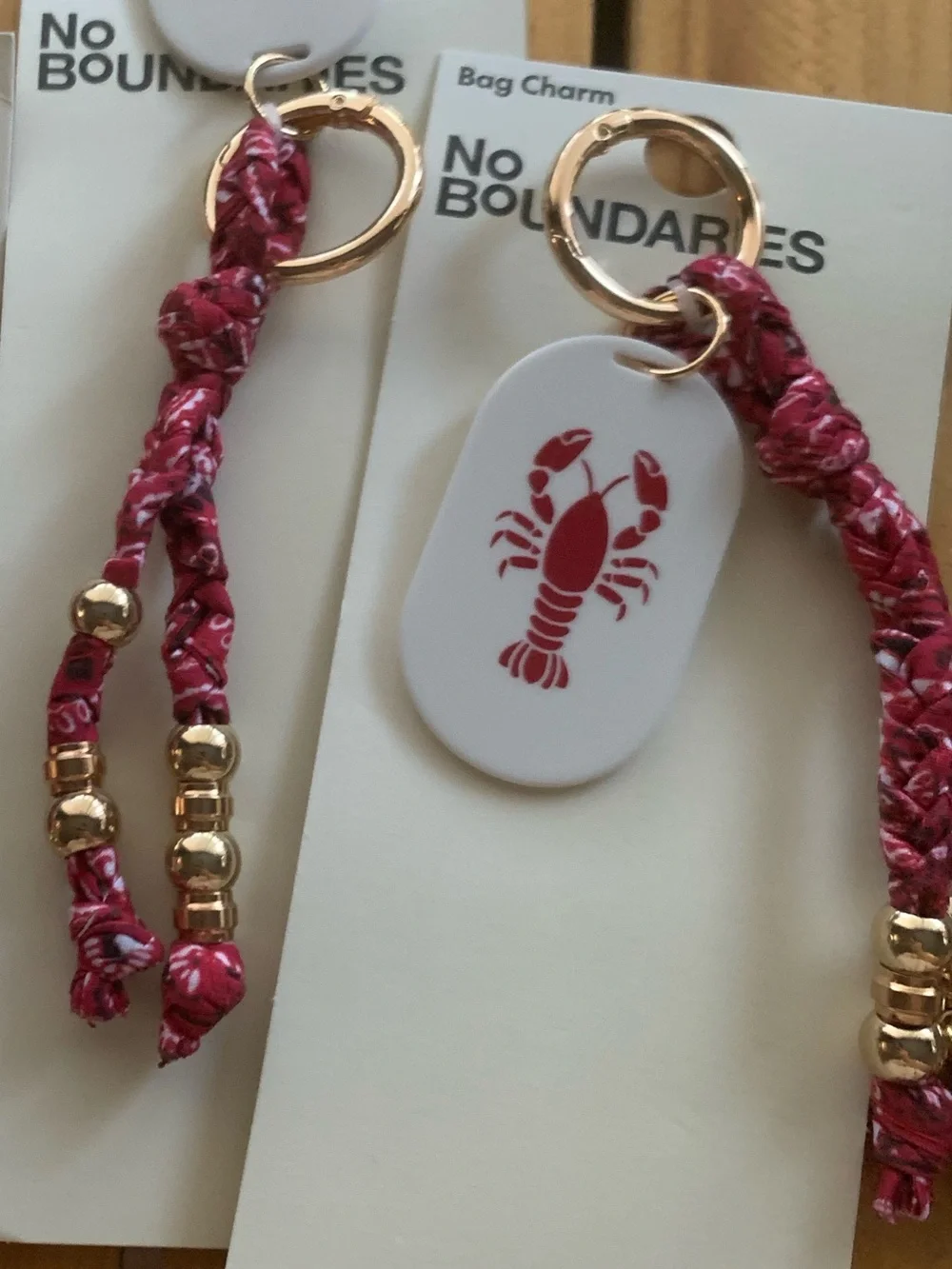 NWT No Boundaries Red Braided Keychain with Gold-Tone Beads and Lobster Tag